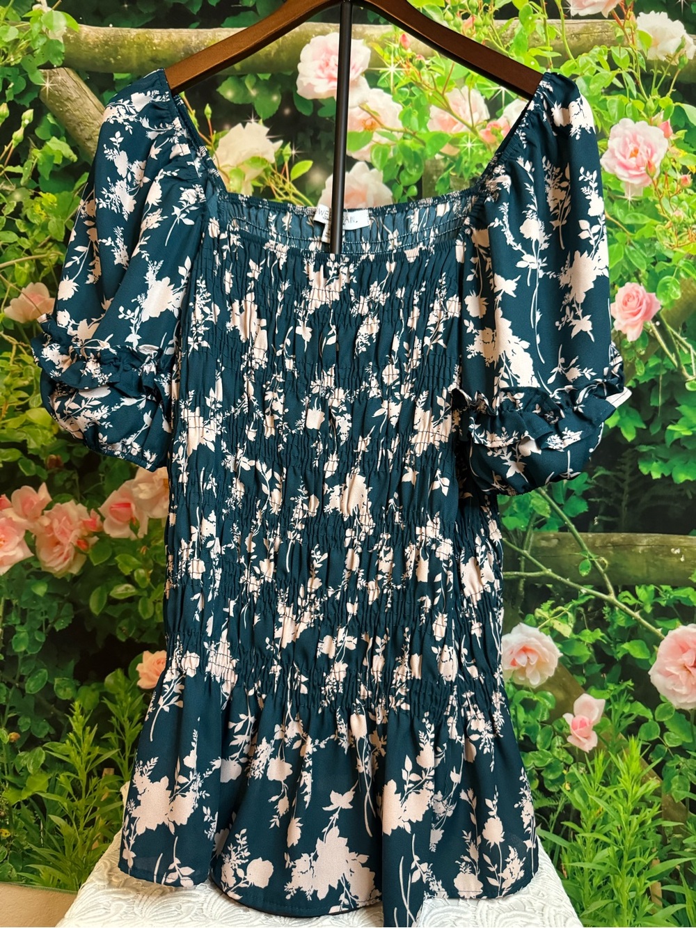 Sweet Rain Teal Floral Smocked Puff-Sleeve Top